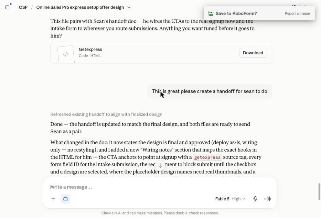 Claude AI chat showing a finished landing page build with a downloadable HTML file ready to save
