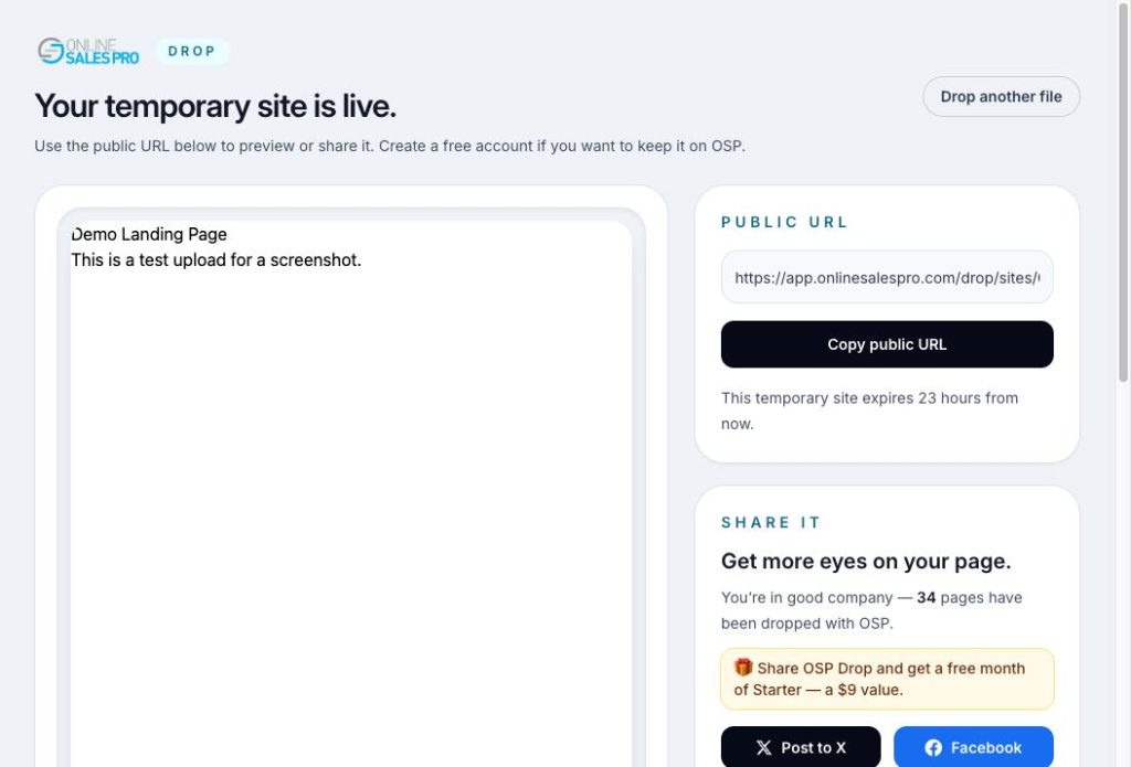 OSP Drop success screen showing the live public URL and copy link button right after upload