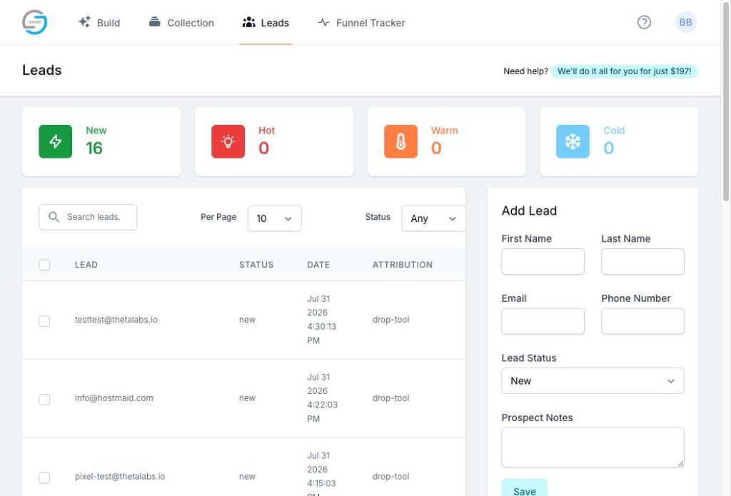 OSP leads inbox showing test submissions tagged with the drop-tool attribution source