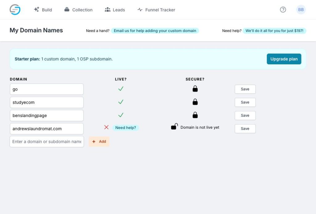 OSP domain settings showing connected custom domains with SSL padlocks confirming secure connections